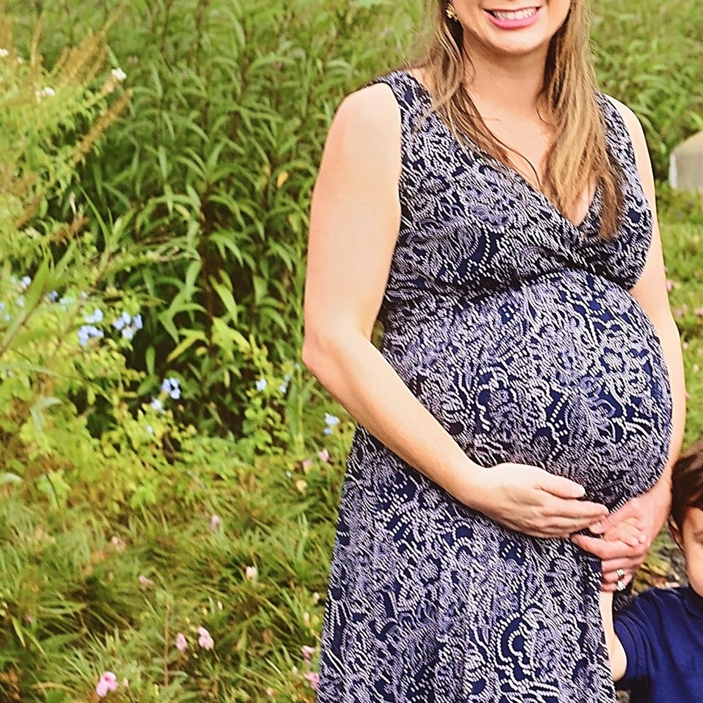 Navy maxi maternity dress with white subtle flower